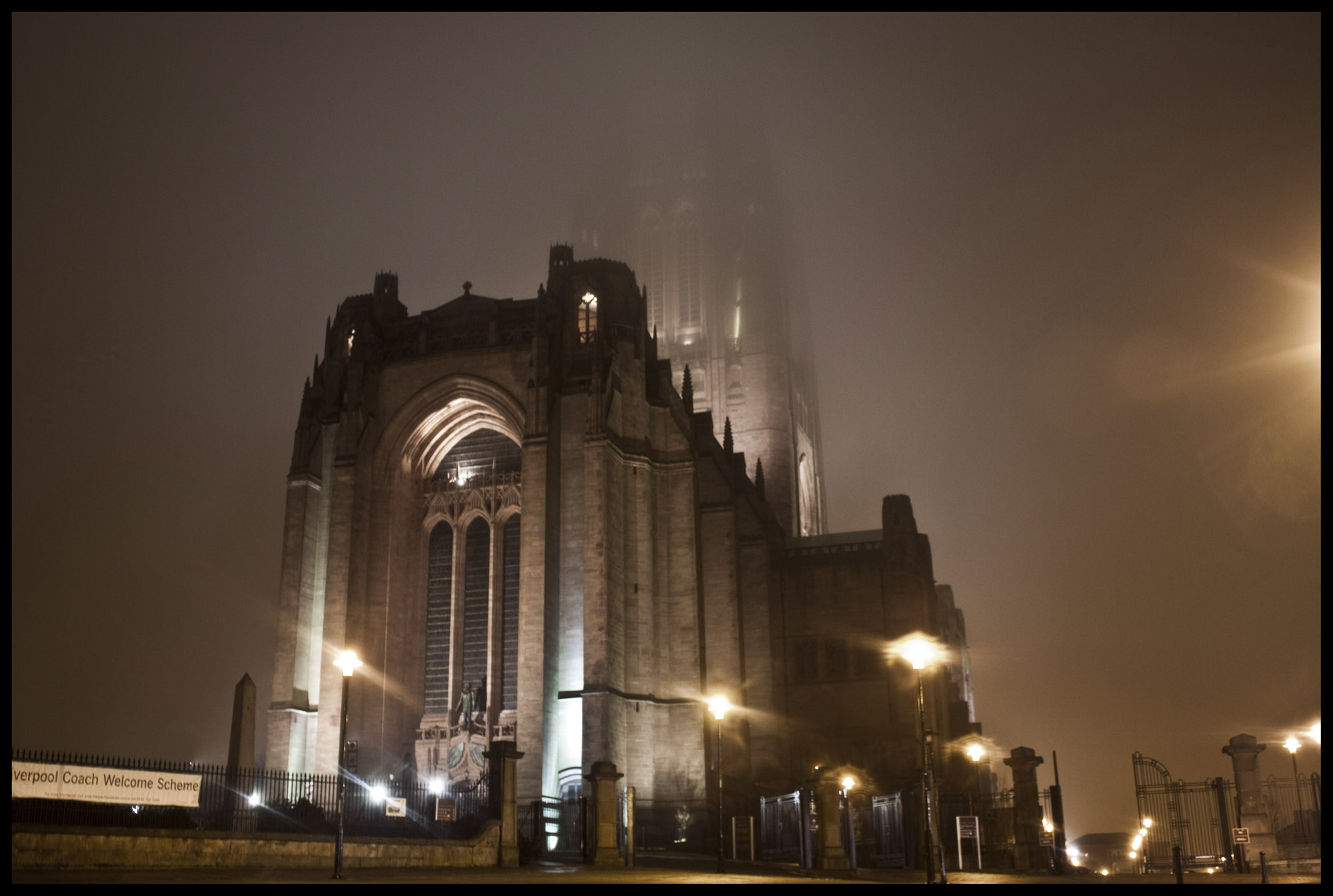 Liverpool Anglican Cathedral at night (and fog)